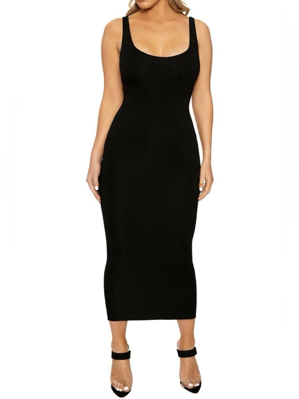 Naked Wardrobe Black Scoop Neck Bodycon Ribbed Sculpting Midi Dress - Women